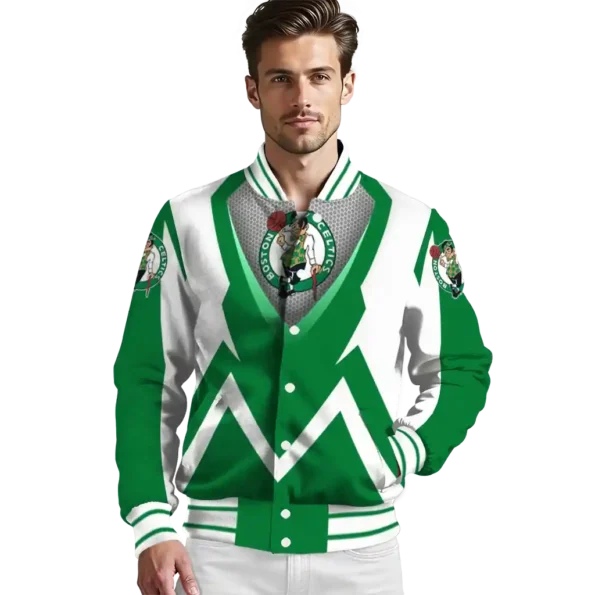 personalized boston celtics v stripes green white varsity jacket high quality.webp