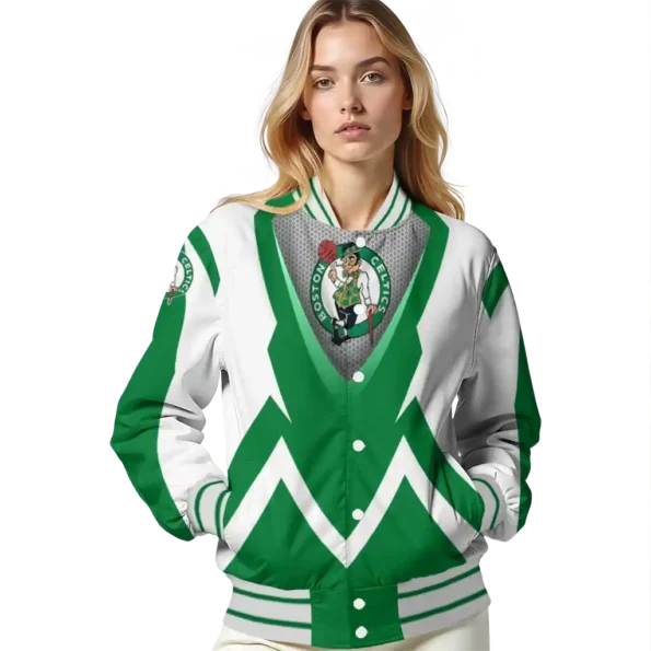 personalized boston celtics v stripes green white varsity jacket latest model.webp
