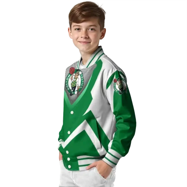 personalized boston celtics v stripes green white varsity jacket trendy.webp