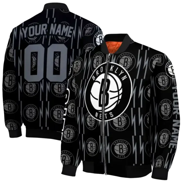 personalized brooklyn nets bolt stripe black bomber jacket fashion forward