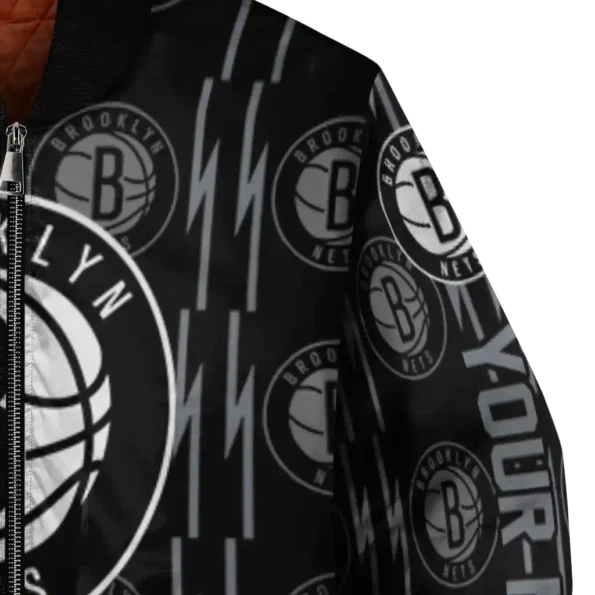 personalized brooklyn nets bolt stripe black bomber jacket premium grade