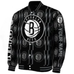 personalized brooklyn nets bolt stripe black varsity jacket best selling.webp