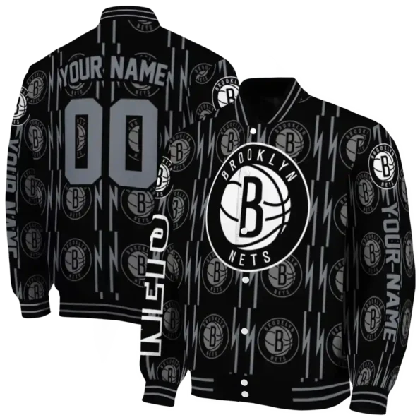 personalized brooklyn nets bolt stripe black varsity jacket fashion forward.webp