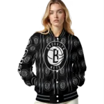 personalized brooklyn nets bolt stripe black varsity jacket best selling.webp