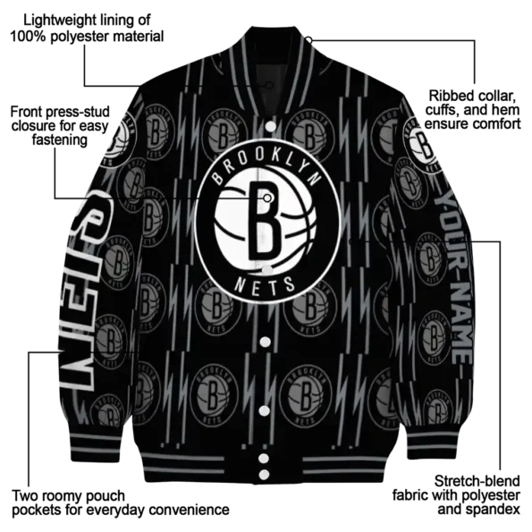 personalized brooklyn nets bolt stripe black varsity jacket new arrival.webp