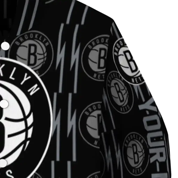 personalized brooklyn nets bolt stripe black varsity jacket premium grade.webp