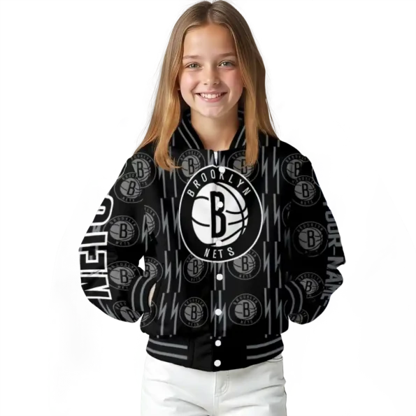 personalized brooklyn nets bolt stripe black varsity jacket top rated.webp