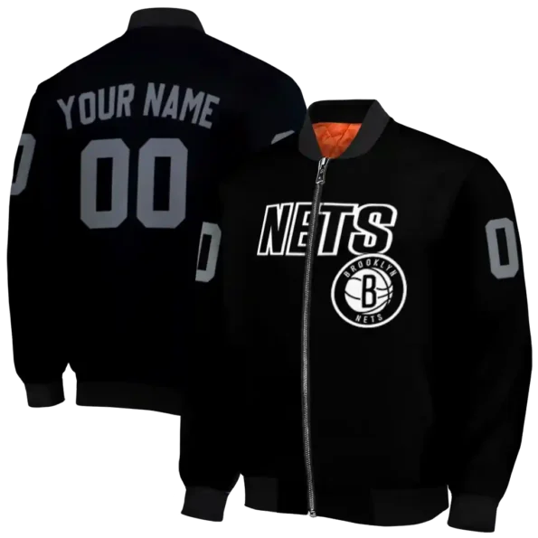 personalized brooklyn nets flame border black bomber jacket fashion forward