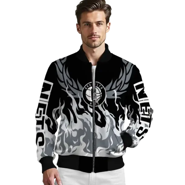 personalized brooklyn nets winged blaze black white bomber jacket high quality