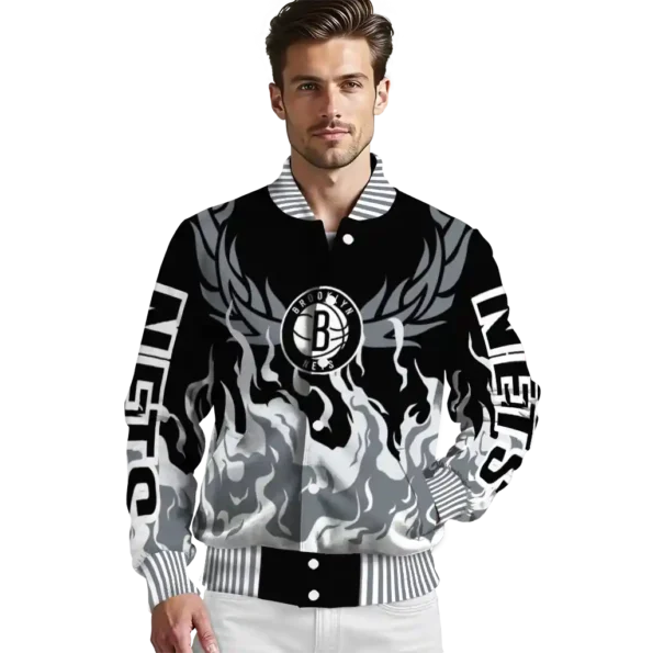 personalized brooklyn nets winged blaze black white varsity jacket high quality.webp
