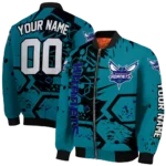 personalized charlotte hornets hexagon cluster teal black bomber jacket best selling