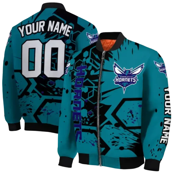 personalized charlotte hornets hexagon cluster teal black bomber jacket fashion forward