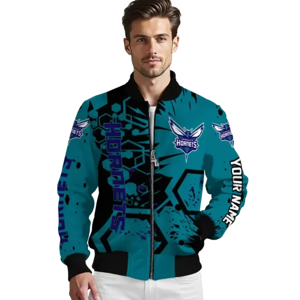 personalized charlotte hornets hexagon cluster teal black bomber jacket high quality