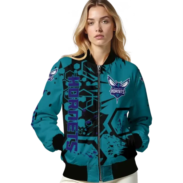 personalized charlotte hornets hexagon cluster teal black bomber jacket latest model