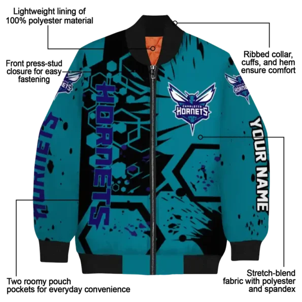 personalized charlotte hornets hexagon cluster teal black bomber jacket new arrival