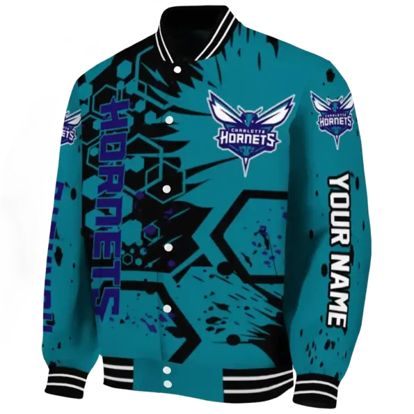 personalized charlotte hornets hexagon cluster teal black varsity jacket best selling.webp