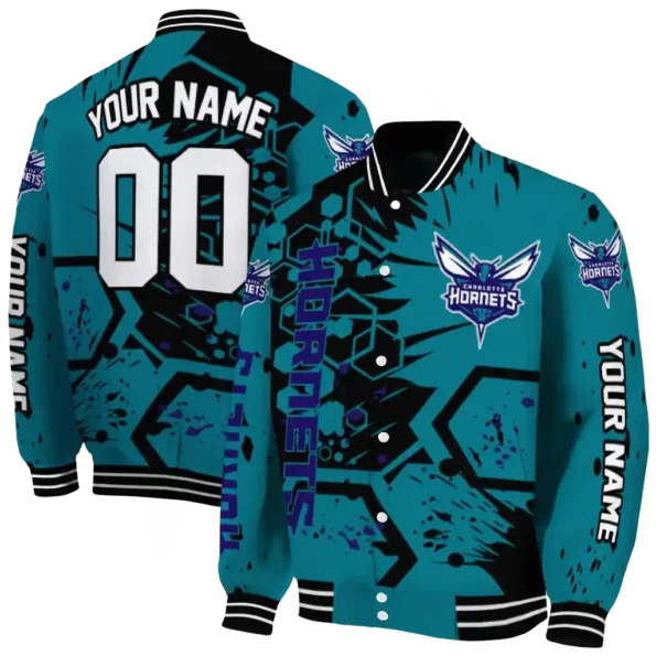personalized charlotte hornets hexagon cluster teal black varsity jacket fashion forward.webp