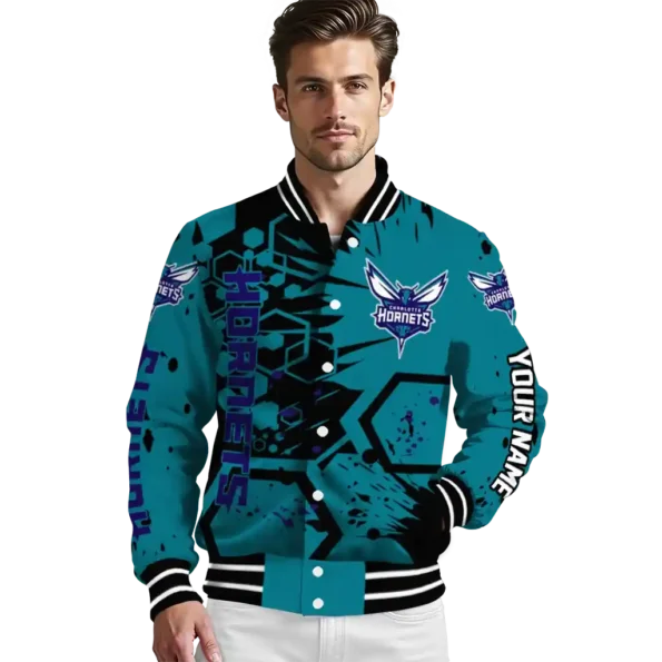 personalized charlotte hornets hexagon cluster teal black varsity jacket high quality.webp