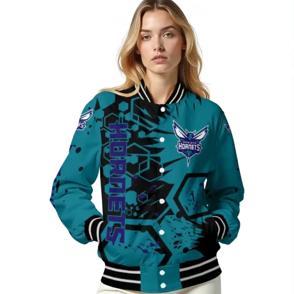 personalized charlotte hornets hexagon cluster teal black varsity jacket latest model.webp