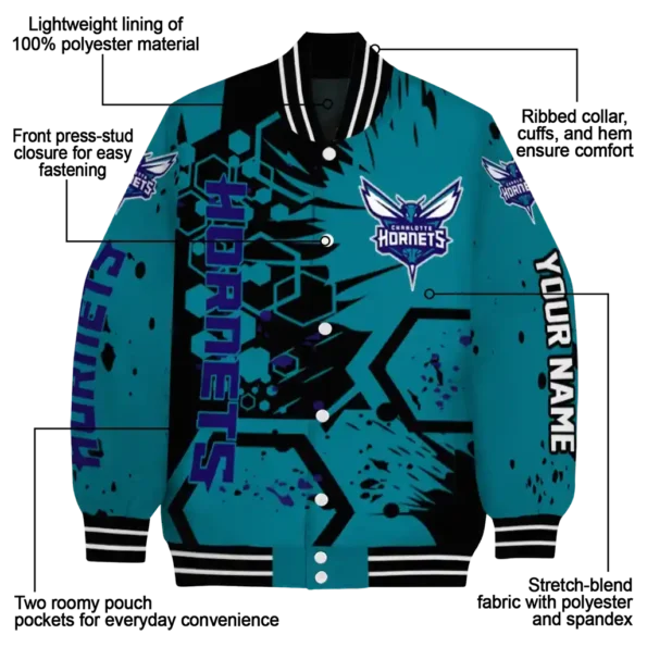 personalized charlotte hornets hexagon cluster teal black varsity jacket new arrival.webp