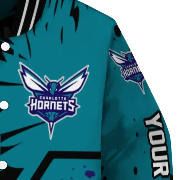 personalized charlotte hornets hexagon cluster teal black varsity jacket premium grade.webp