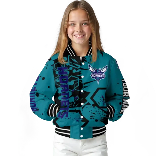 personalized charlotte hornets hexagon cluster teal black varsity jacket top rated.webp