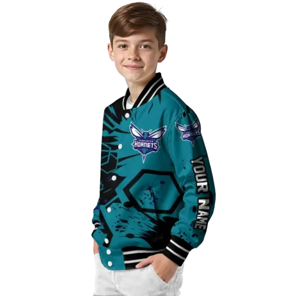 personalized charlotte hornets hexagon cluster teal black varsity jacket trendy.webp