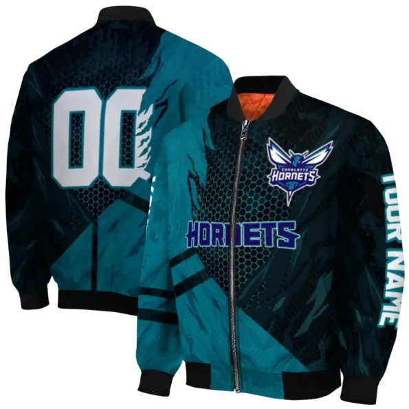 personalized charlotte hornets hexagon mesh teal black bomber jacket fashion forward