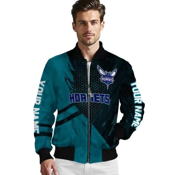 personalized charlotte hornets hexagon mesh teal black bomber jacket high quality