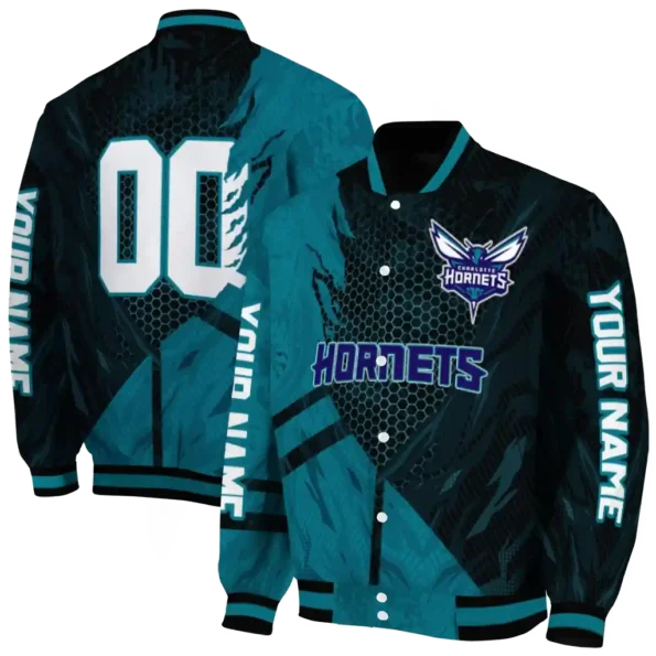 personalized charlotte hornets hexagon mesh teal black varsity jacket fashion forward.webp