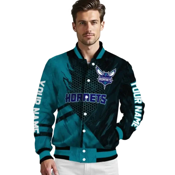personalized charlotte hornets hexagon mesh teal black varsity jacket high quality.webp