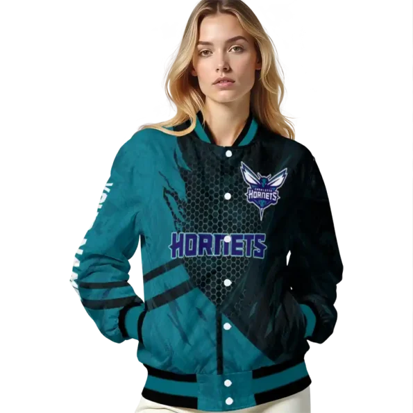 personalized charlotte hornets hexagon mesh teal black varsity jacket latest model.webp