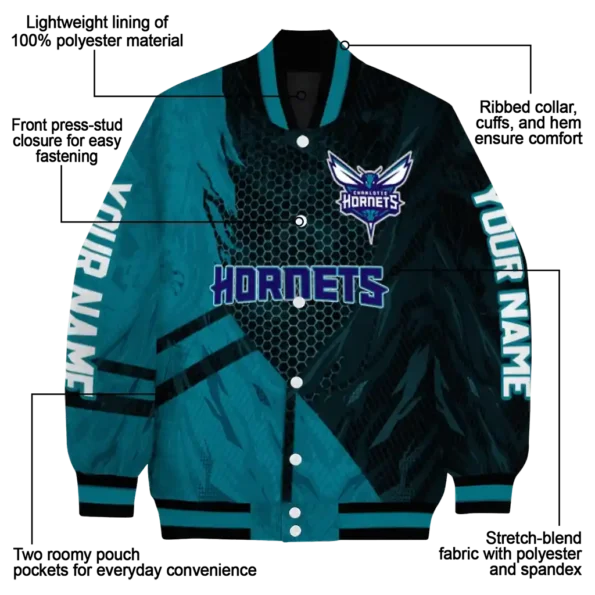 personalized charlotte hornets hexagon mesh teal black varsity jacket new arrival.webp
