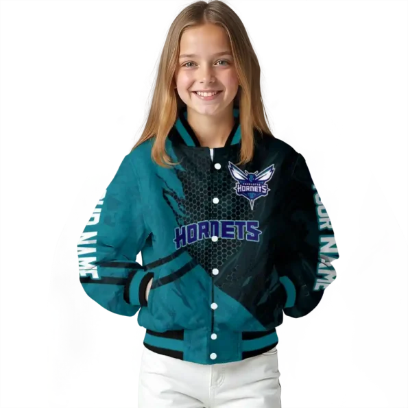 personalized charlotte hornets hexagon mesh teal black varsity jacket top rated.webp