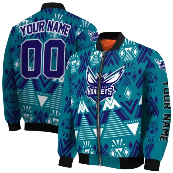 personalized charlotte hornets pyramid shapes teal bomber jacket fashion forward