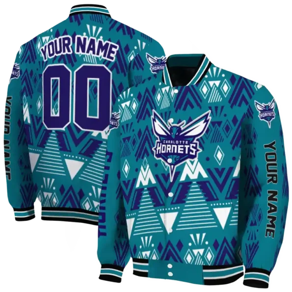 personalized charlotte hornets pyramid shapes teal varsity jacket fashion forward.webp