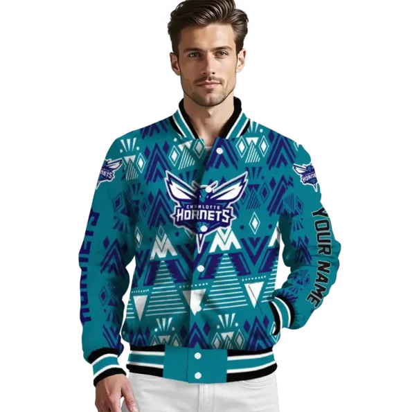 personalized charlotte hornets pyramid shapes teal varsity jacket high quality.webp