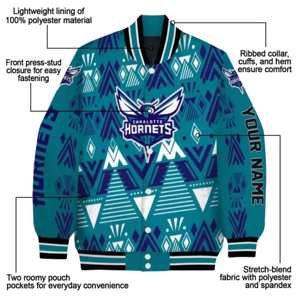 personalized charlotte hornets pyramid shapes teal varsity jacket new arrival.webp
