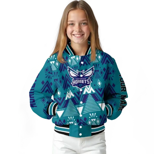 personalized charlotte hornets pyramid shapes teal varsity jacket top rated.webp