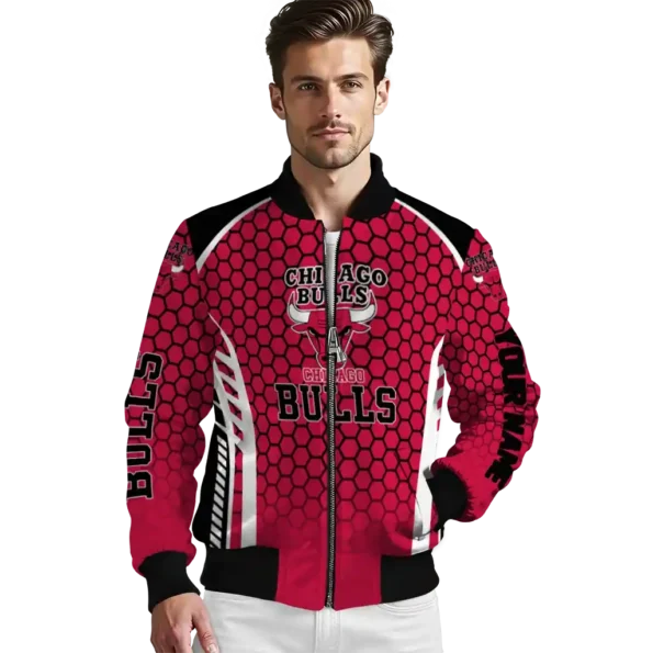 personalized chicago bulls hexagon grid red bomber jacket high quality