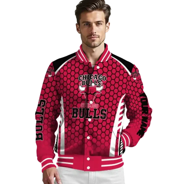 personalized chicago bulls hexagon grid red varsity jacket high quality.webp
