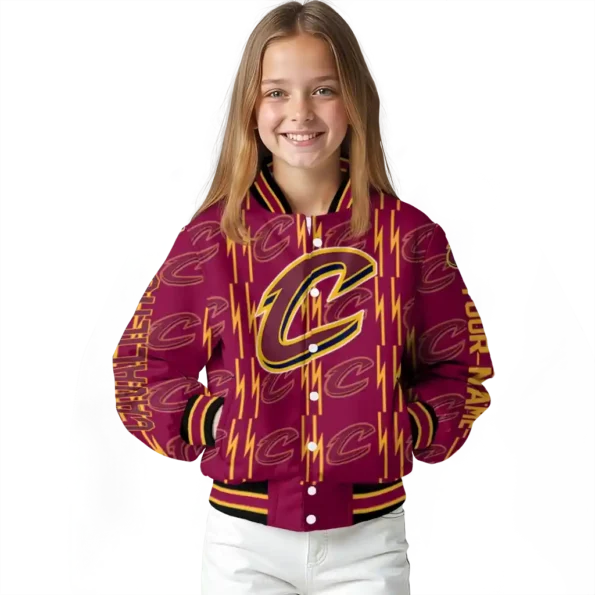 personalized cleveland cavaliers bolt stripe wine varsity jacket top rated.webp