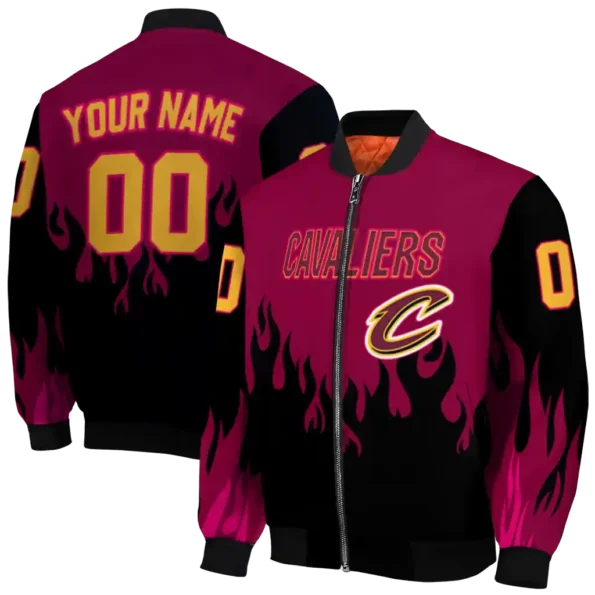 personalized cleveland cavaliers flame border wine black bomber jacket fashion forward