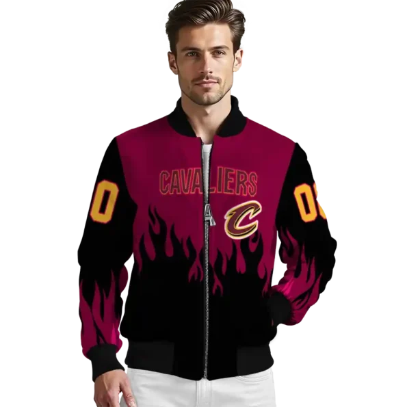 personalized cleveland cavaliers flame border wine black bomber jacket high quality
