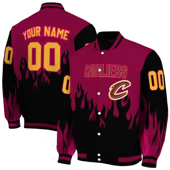 personalized cleveland cavaliers flame border wine black varsity jacket fashion forward.webp