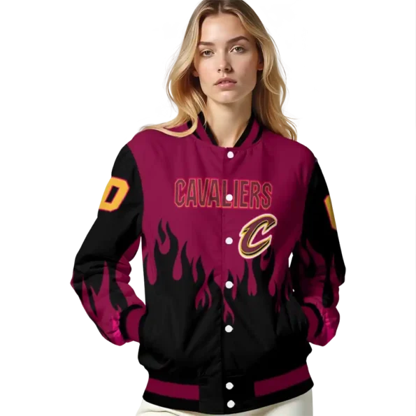 personalized cleveland cavaliers flame border wine black varsity jacket latest model.webp