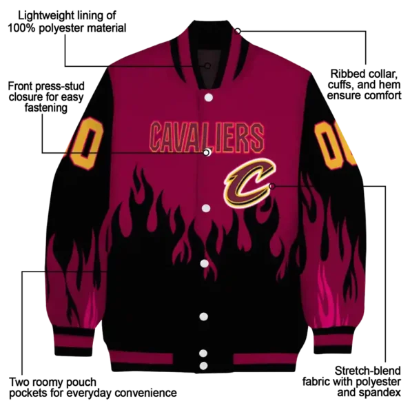 personalized cleveland cavaliers flame border wine black varsity jacket new arrival.webp