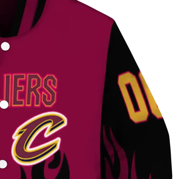 personalized cleveland cavaliers flame border wine black varsity jacket premium grade.webp