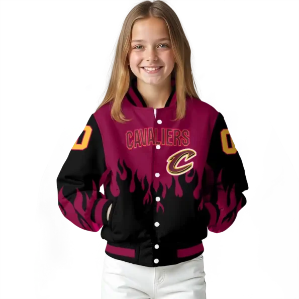 personalized cleveland cavaliers flame border wine black varsity jacket top rated.webp
