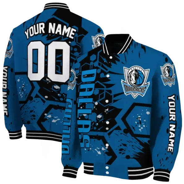 personalized dallas mavericks hexagon cluster blue black varsity jacket fashion forward.webp